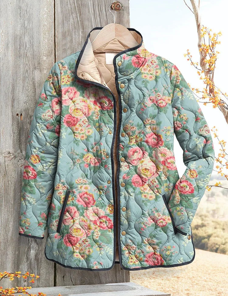 Quilted floral women’s jacket, teal-blue with pink roses, button front and dark trim