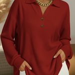 Red long-sleeve henley pullover with button placket and collar