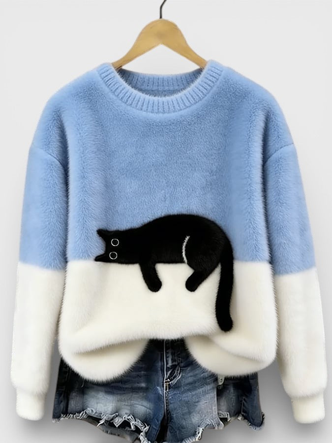 Light blue and white two-tone sweatshirt with black cat graphic on the front
