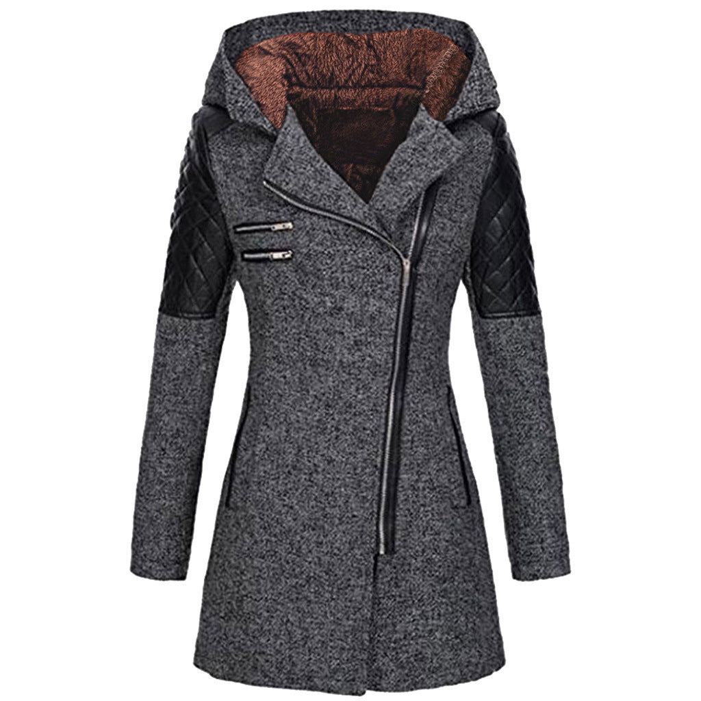 Womens winter parka coat, charcoal gray, faux fur-lined hood, quilted shoulder sleeves
