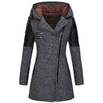 Womens winter parka coat, charcoal gray, faux fur-lined hood, quilted shoulder sleeves