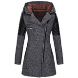 Womens winter parka coat, charcoal gray, faux fur-lined hood, quilted shoulder sleeves