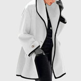 Maria™ white fleece jacket with black trim, open front, long sleeves, button cuff