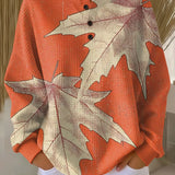 Maja™ warm pullover sweatshirt with orange leaf print, crew neckline, buttoned placket