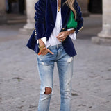 Julissa™ velvet blazer in dark blue, fitted silhouette with gold-button cuffs