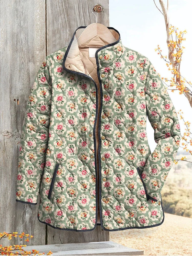 Vintage floral hooded jacket with button front, long sleeves, multicolor flower print