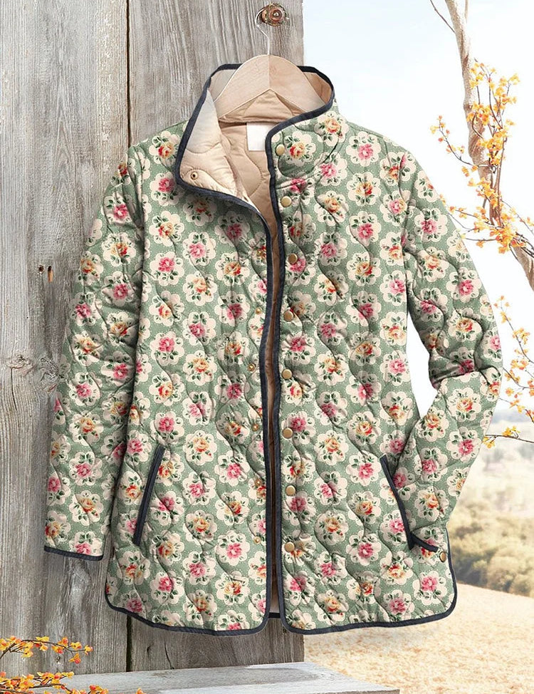 Vintage floral hooded jacket with button front, long sleeves, multicolor flower print