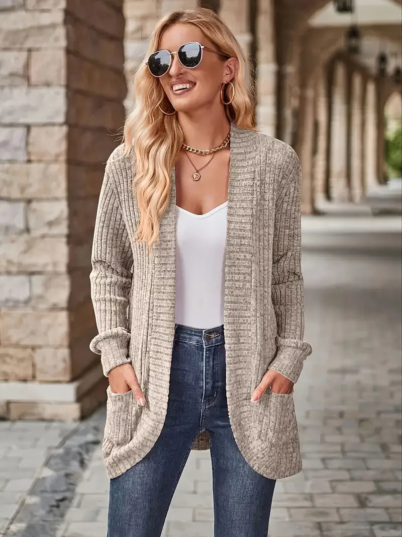 Ribbed knit cardigan with long sleeves, patch pockets, open front, heather gray-beige