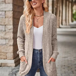 Ribbed knit cardigan with long sleeves, patch pockets, open front, heather gray-beige