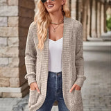 Ribbed knit cardigan with long sleeves, patch pockets, open front, heather gray-beige