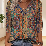 Vintage-inspirierte V-Ausschnitt Druckbluse