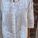 White embroidered long-sleeve cardigan with ornate floral lace along center front