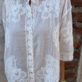 White embroidered long-sleeve cardigan with ornate floral lace along center front