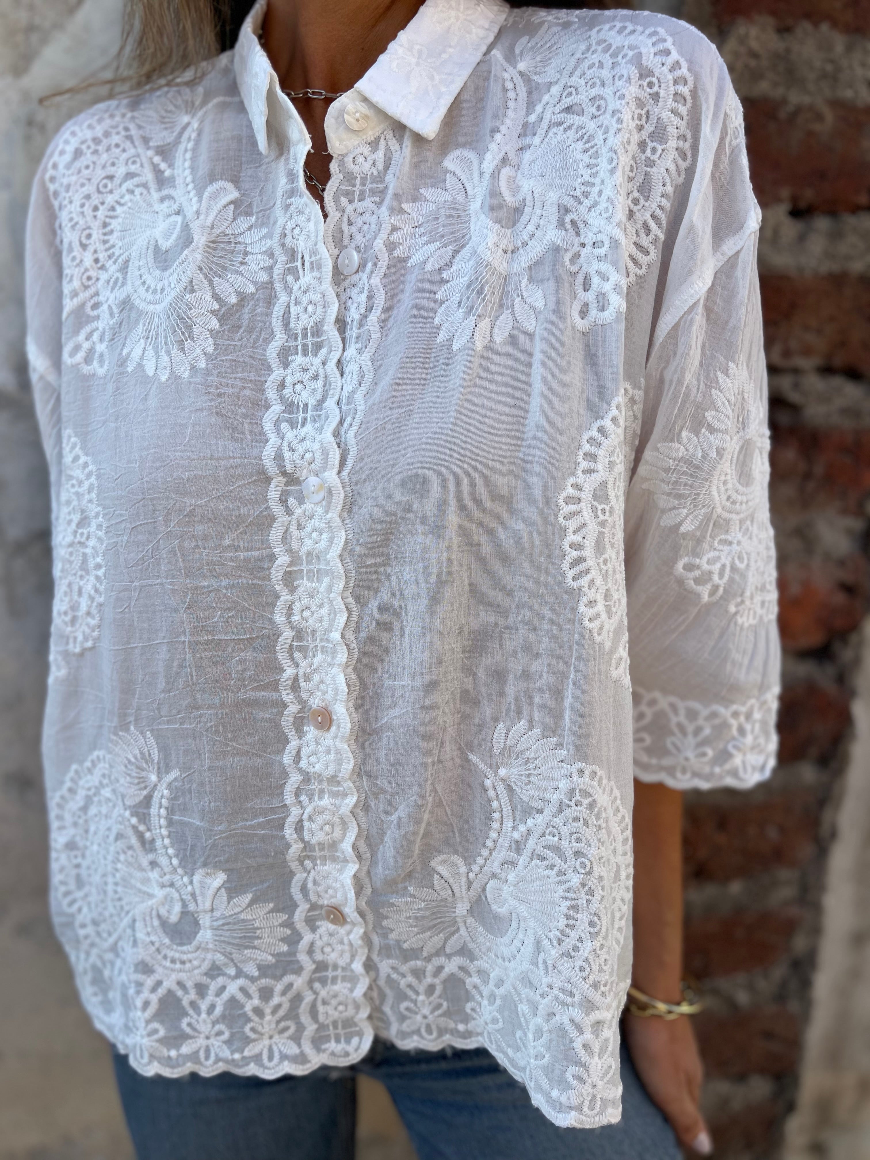 White embroidered long-sleeve cardigan with ornate floral lace along center front