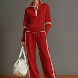Vintage-inspirierter grauer und weißer Halbzip-Sweatshirt mit weitem Hosen-Set