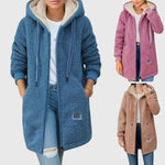 Set of women’s fleece hooded jackets in blue and pink, each with full zip and side pockets