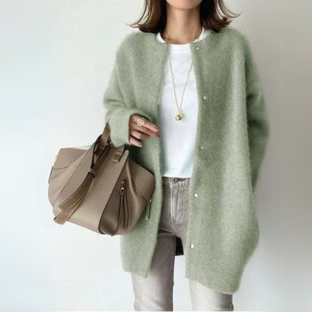 Green open-front cardigan with long sleeves and snap-button placket