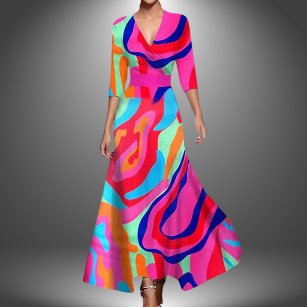 Saffie printed wrap dress, multicolor abstract print, V-neck, 3/4 sleeves