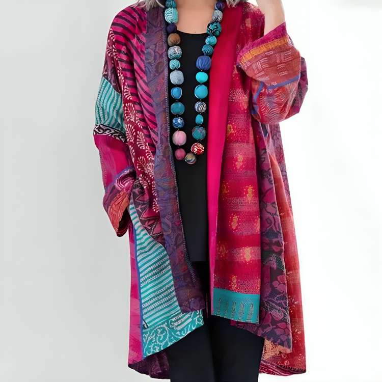 Multicolor knit cardigan with open front and long sleeves, pink and red patchwork