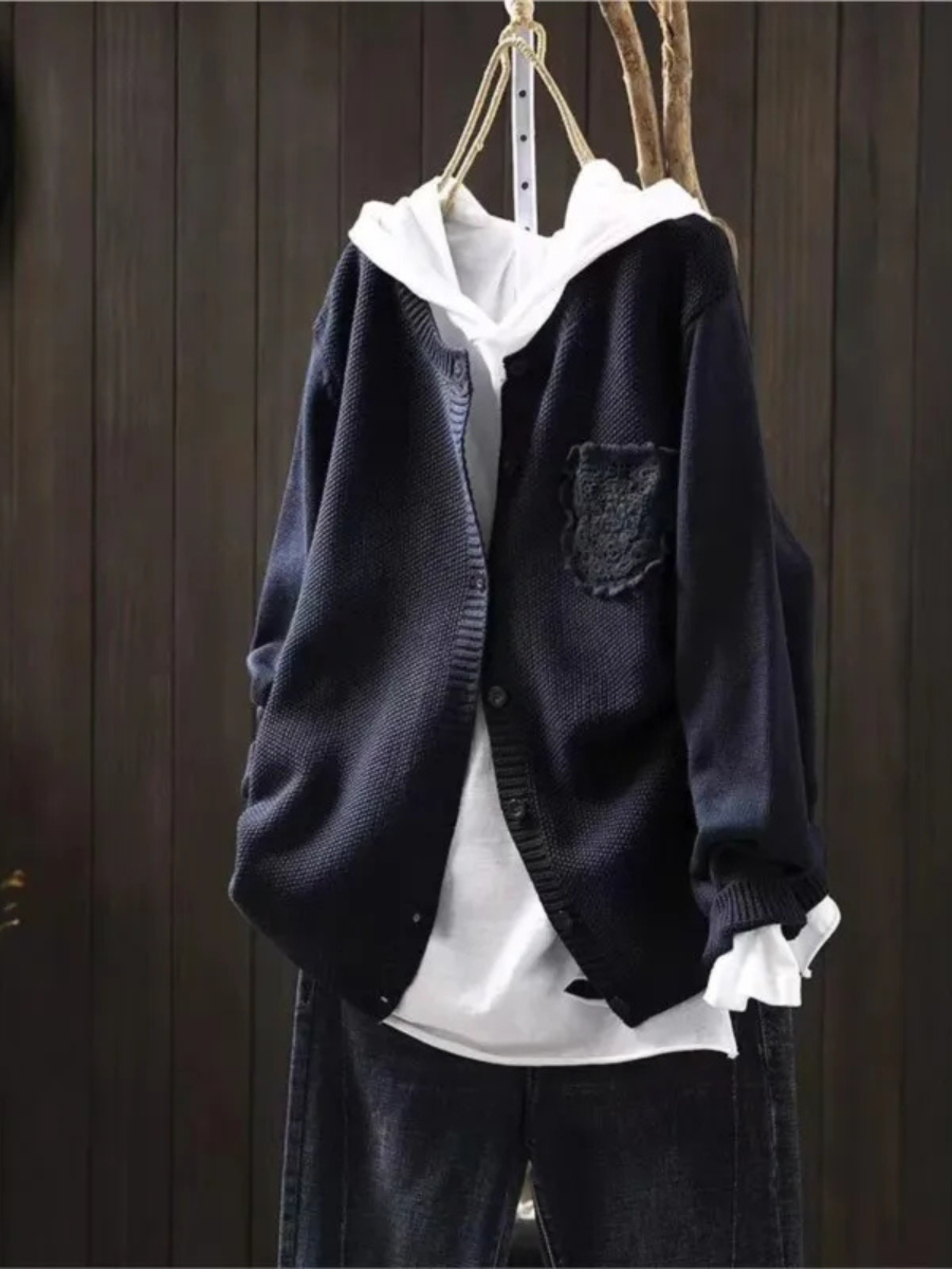 Der Ansley cozy cardigan, navy textured knit, button front, cowl hood, patch chest pocket