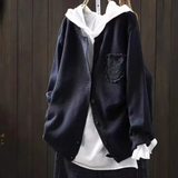 Der Ansley cozy cardigan, navy textured knit, button front, cowl hood, patch chest pocket