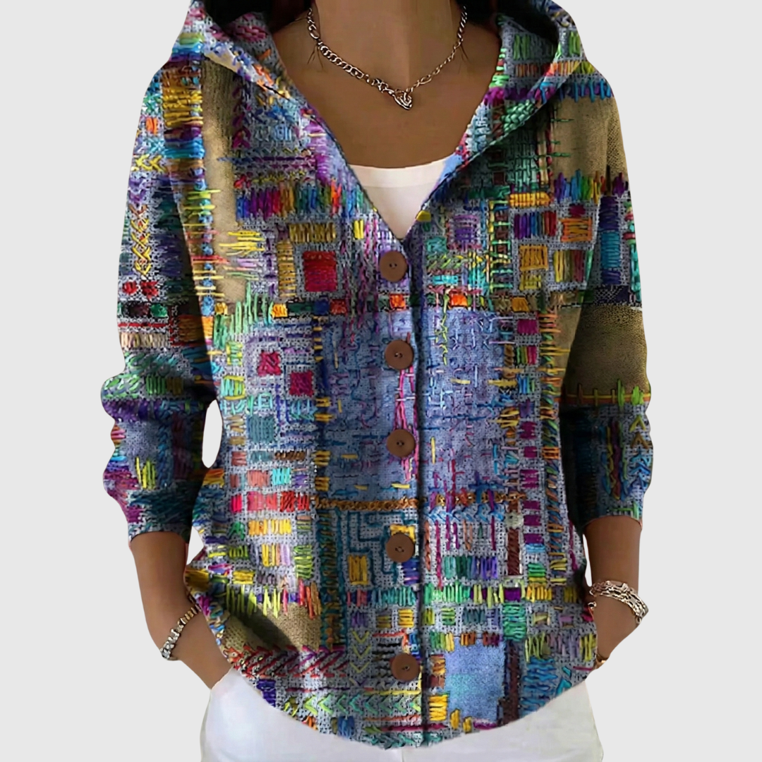 Multicolor knit hooded cardigan with button front and textured pattern