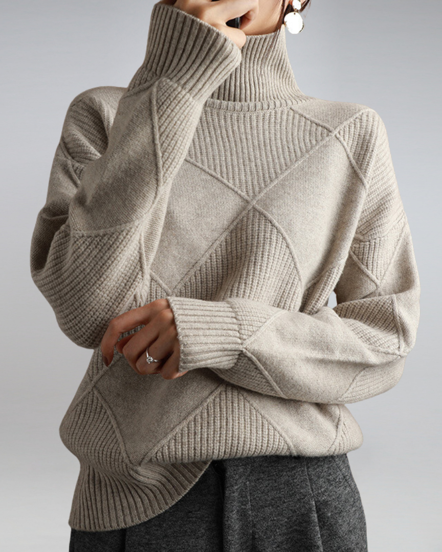 Gray ribbed turtleneck sweater with diamond knit pattern and long sleeves