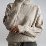 Gray ribbed turtleneck sweater with diamond knit pattern and long sleeves