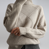 Gray ribbed turtleneck sweater with diamond knit pattern and long sleeves