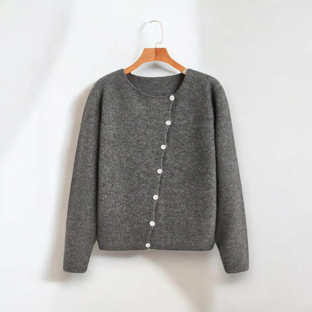 Gray knit button-front pullover sweater, long sleeves, round neck