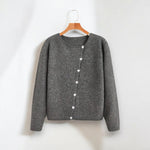 Gray knit button-front pullover sweater, long sleeves, round neck