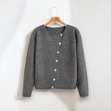 Gray knit button-front pullover sweater, long sleeves, round neck