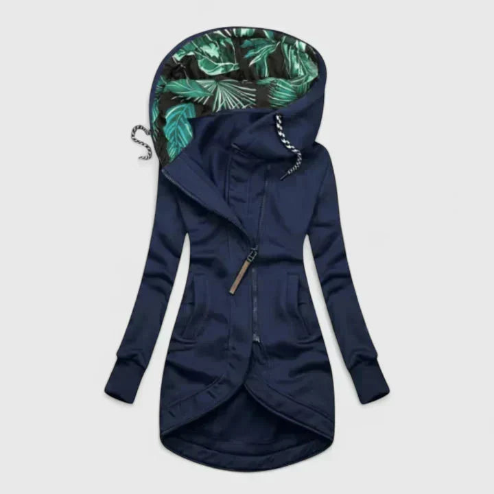 Hooded cozy jacket, navy blue, zip front with drawstring, palm leaf hood lining