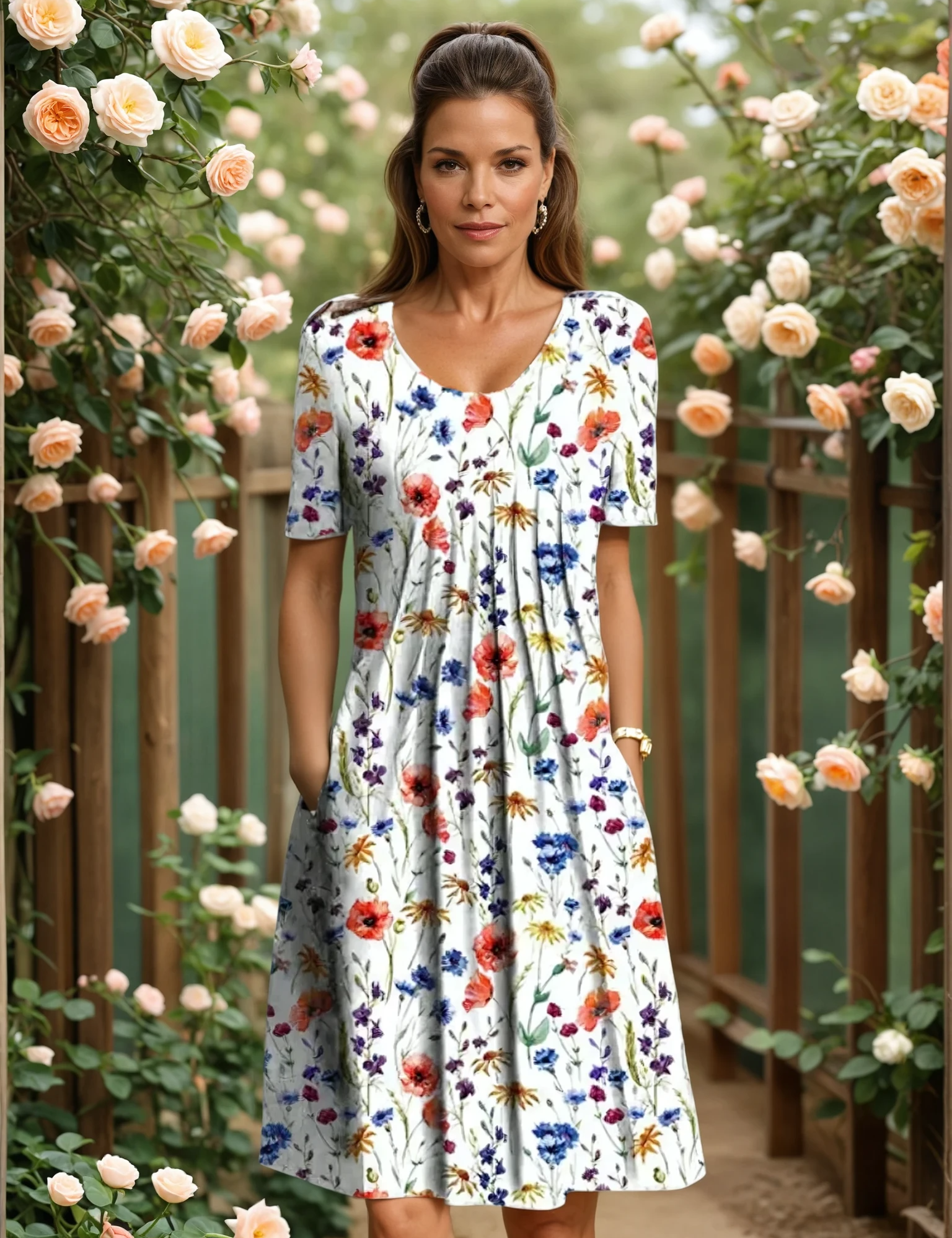 White floral midi dress with short sleeves, round neckline, gathered waist skirt