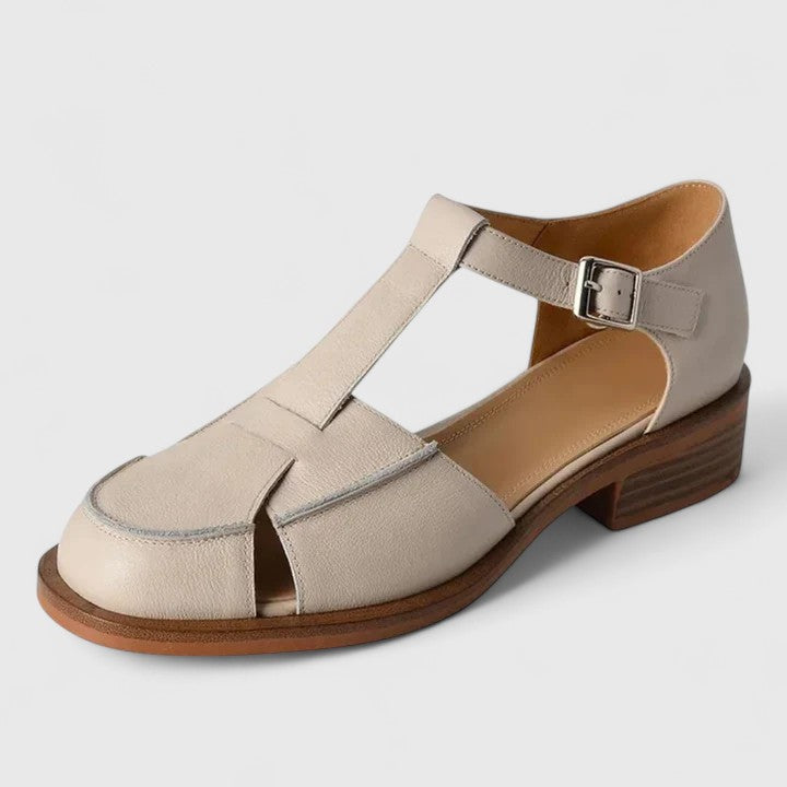 Beige Mary Jane sandals with T-strap and metal buckle, low block heel