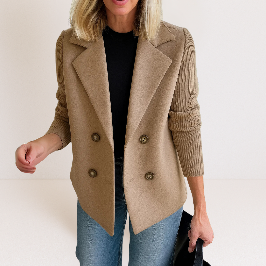 Beige everyday blazer with notch lapels and two rows of round button closures