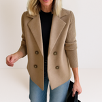 Beige everyday blazer with notch lapels and two rows of round button closures
