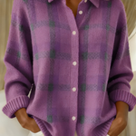 Purple plaid button-front cardigan sweater with collared neckline and long sleeves
