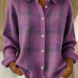 Purple plaid button-front cardigan sweater with collared neckline and long sleeves