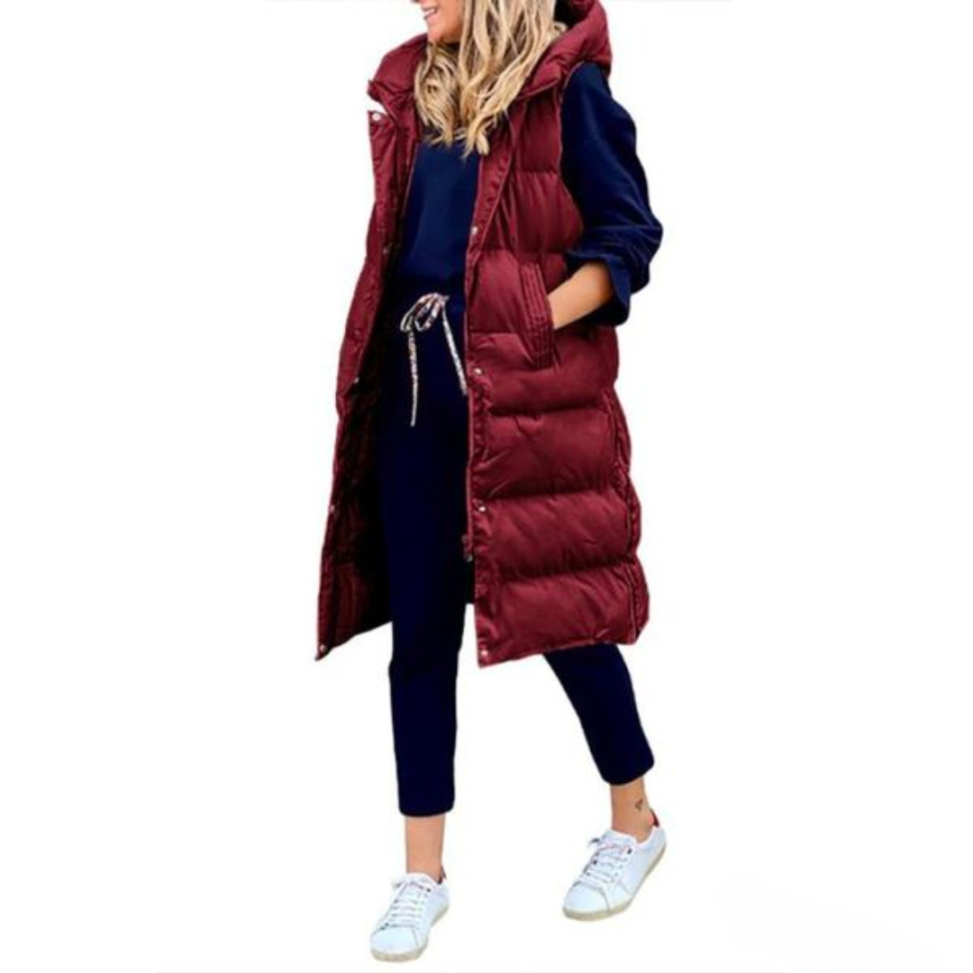 Long quilted body warmer vest, burgundy with button-front and sleeveless design