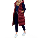Long quilted body warmer vest, burgundy with button-front and sleeveless design