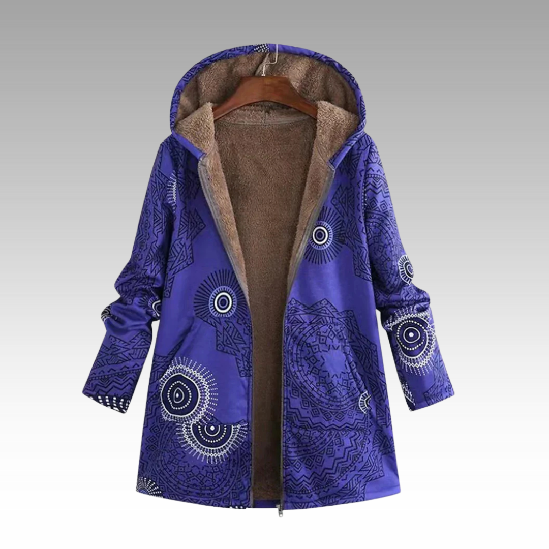 Purple hooded winter jacket with fleece lining, blue circular print, front zipper