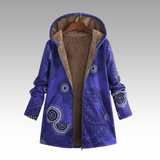 Purple hooded winter jacket with fleece lining, blue circular print, front zipper