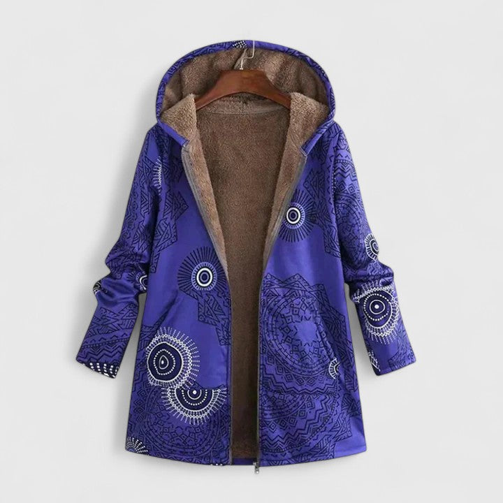 Violet-blue hooded parka jacket with abstract circular print, front zipper, warm lined hood.