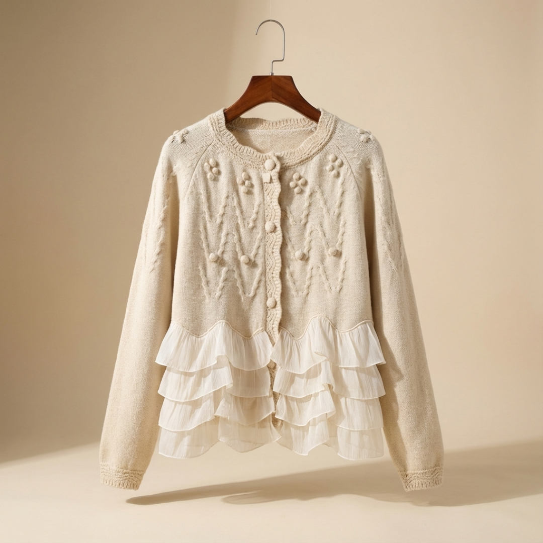 Cream cardigan on hanger with textured bobble pattern and layered ruffle trim