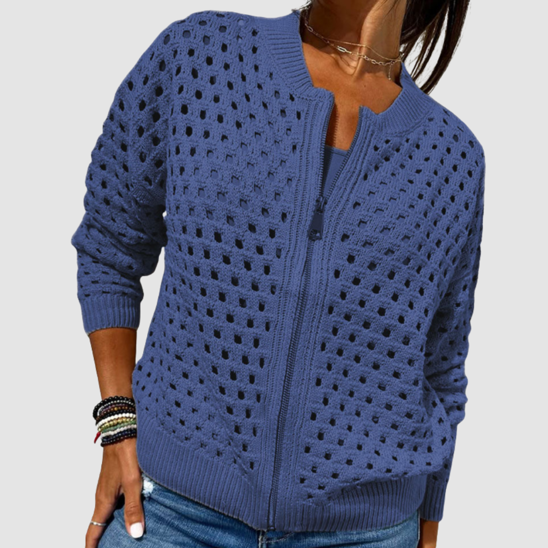 Blue knit cardigan with full-zip front and textured dotted pattern.