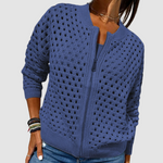 Blue knit cardigan with full-zip front and textured dotted pattern.