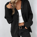 Black hooded knit cardigan with button front and ribbed hem