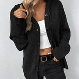 Black hooded knit cardigan with button front and ribbed hem