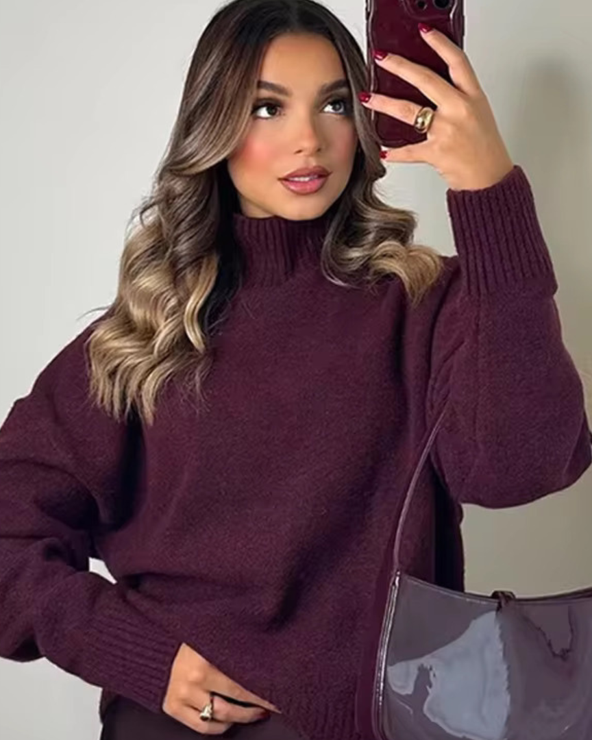 Burgundy ribbed knit turtleneck sweater, loose fit long sleeves